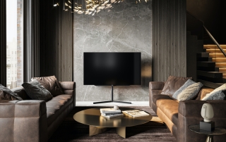 Suelo SPC tipo mármol gris para uso en restaurantes, hoteles, residencias o viviendas.